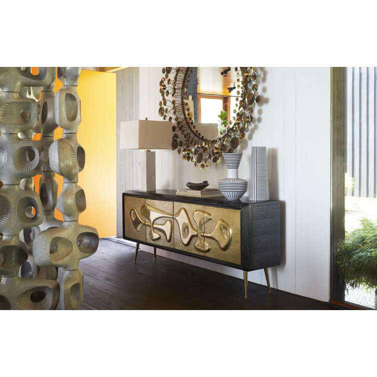 Brutalist Inspired Black and Brass Hand-Hammered Credenza