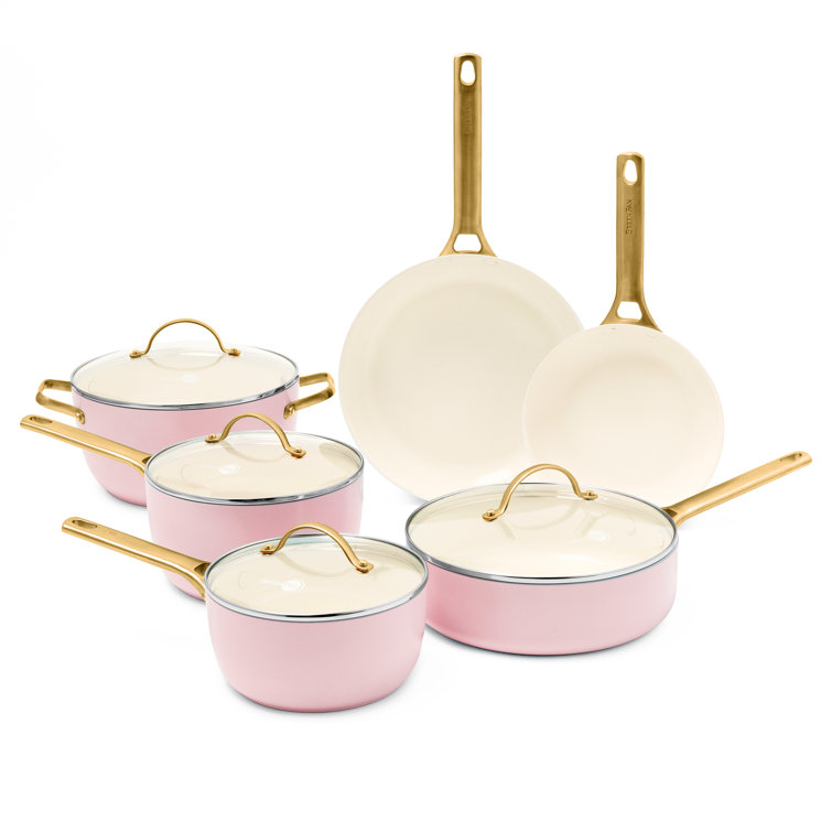 Blush Pink Ceramic Nonstick 10-Piece Cookware Set with Gold Handles