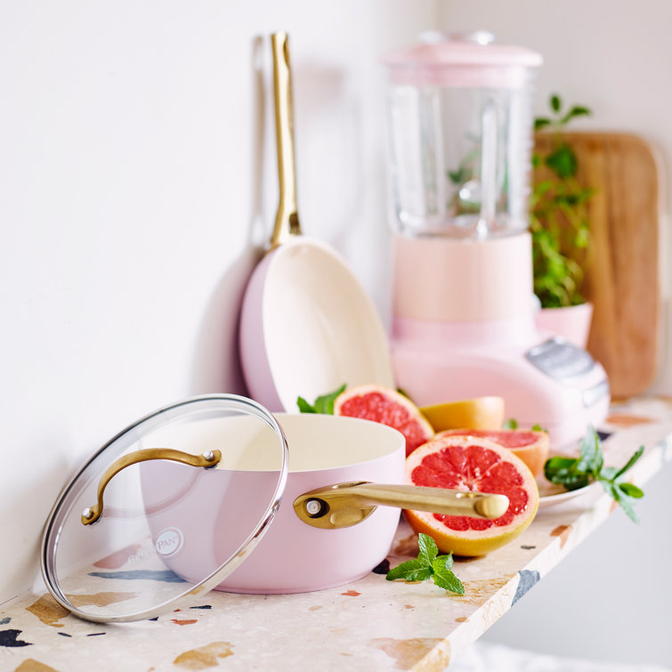 Blush Pink Ceramic Nonstick 10-Piece Cookware Set with Gold Handles