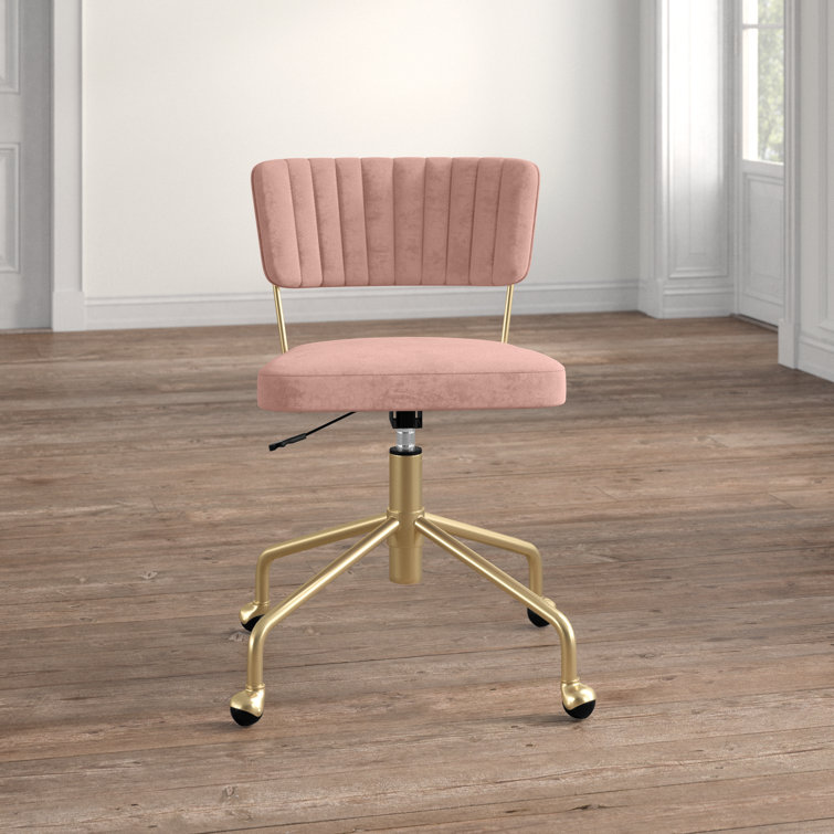 Contemporary Pink Velvet Swivel Task Chair with Gold Metal Base