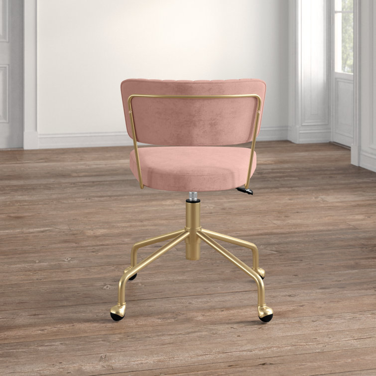Contemporary Pink Velvet Swivel Task Chair with Gold Metal Base