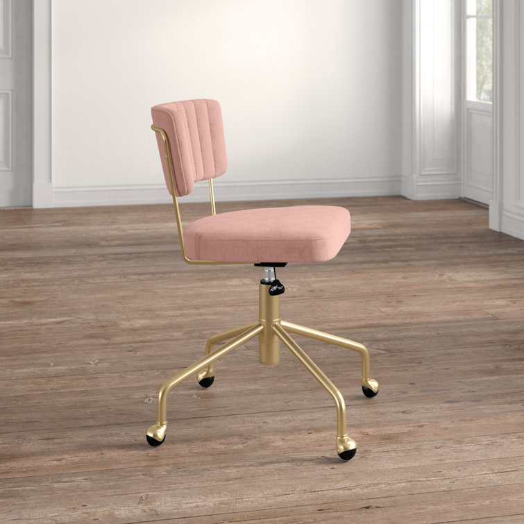 Contemporary Pink Velvet Swivel Task Chair with Gold Metal Base