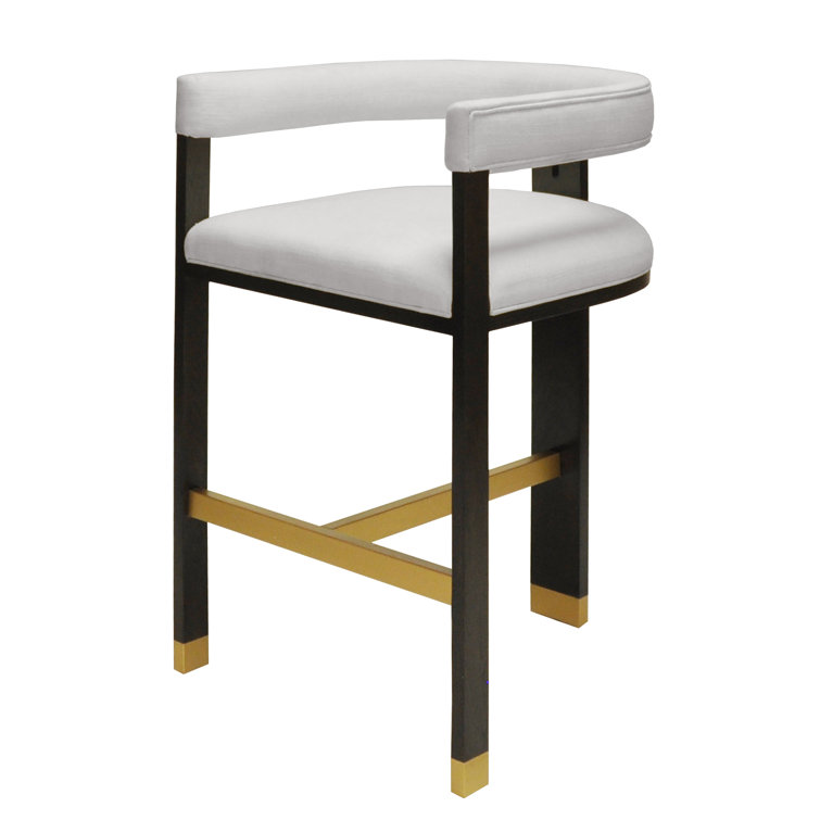 Contemporary White Linen Upholstered Bar Stool with Solid Oak Frame