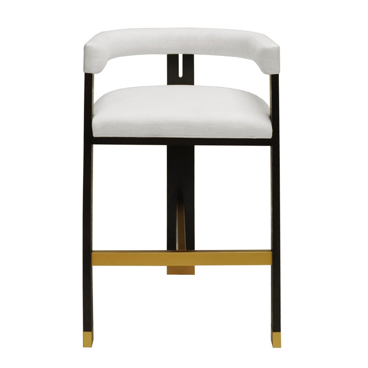 Contemporary White Linen Upholstered Bar Stool with Solid Oak Frame