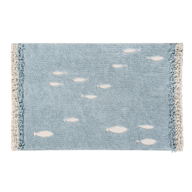 Ocean Shore Blue and Beige Wool Cotton Washable Rug 4' x 6'