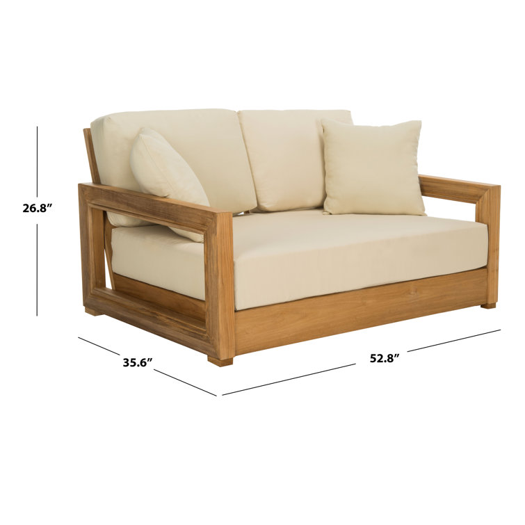 Teak and Beige Upholstered Outdoor Loveseat with Cushions
