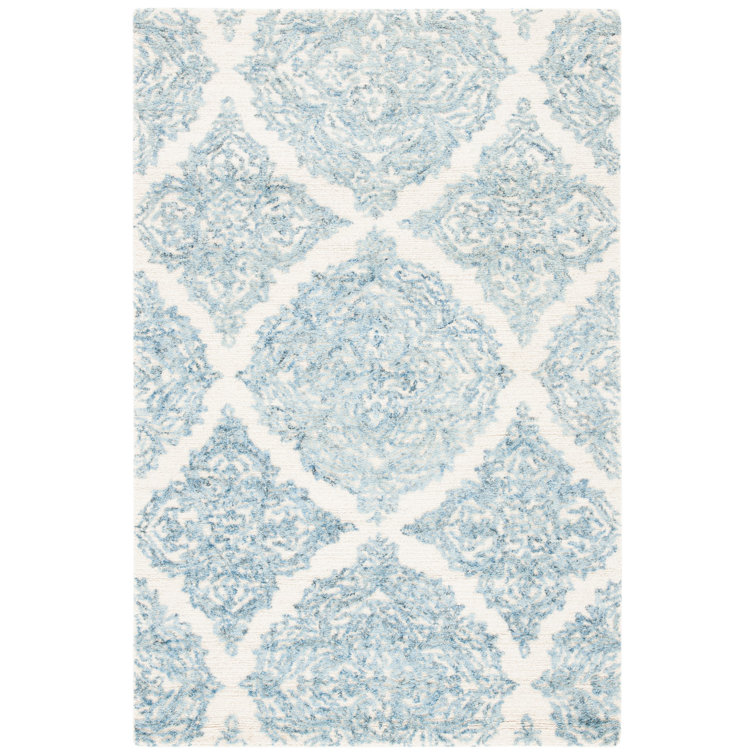 Ivory and Blue Hand-Tufted Wool Abstract Area Rug, 5' x 8'