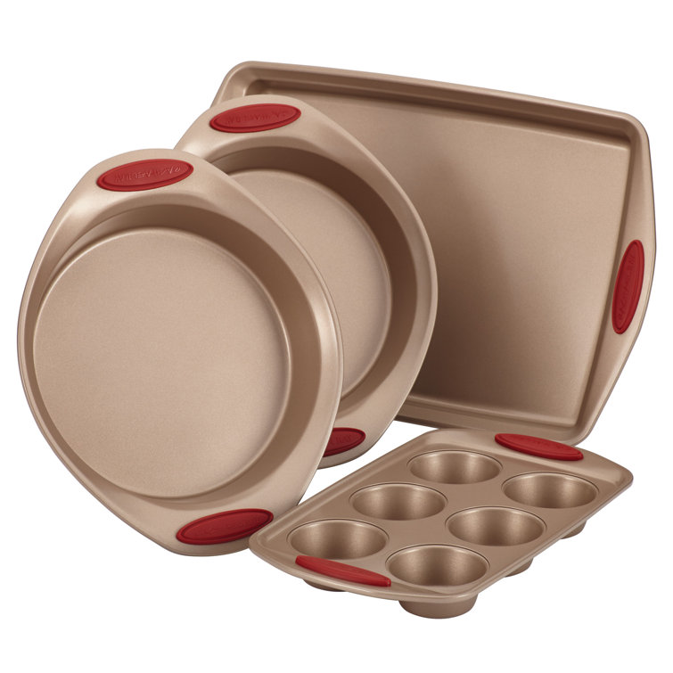 Latte Brown Nonstick Bakeware Set with Cranberry Red Grips, 4 Piece