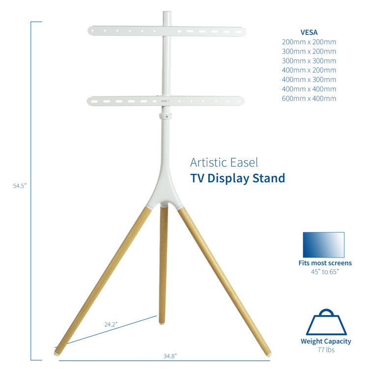 White and Light Wood Adjustable Easel TV Stand for 45"-65" Screens