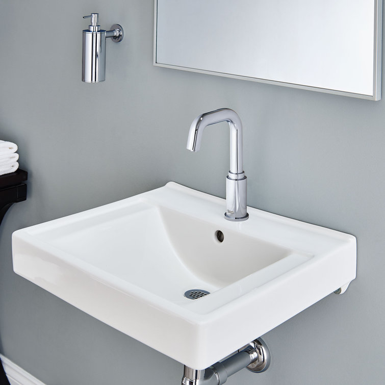 White Ceramic Wall-Mount Rectangular Bathroom Sink with Overflow
