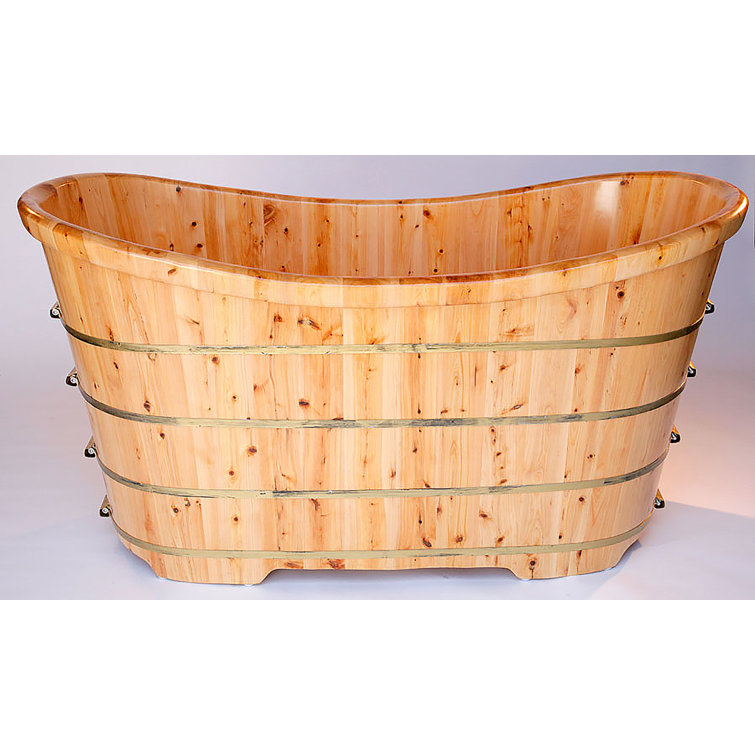 63'' Natural Cedar Freestanding Soaking Bathtub with Iron Wraps