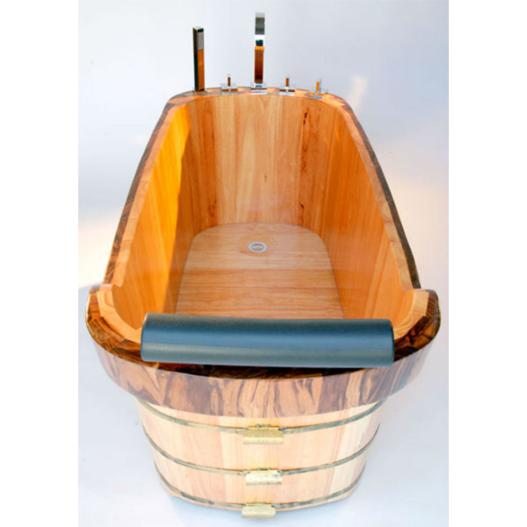 Natural Wood Freestanding Soaking Bathtub with Chrome Faucet