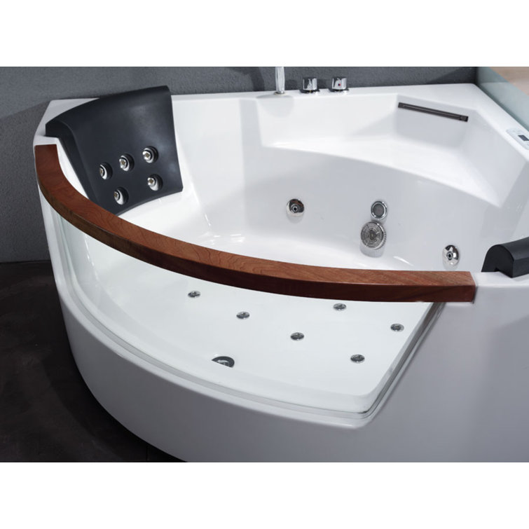 White Acrylic Corner Whirlpool Bathtub with Glass Panel