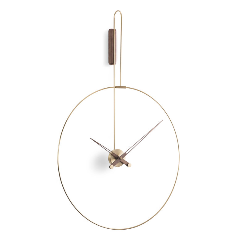 Large Walnut and Brass Minimalist Wall Clock