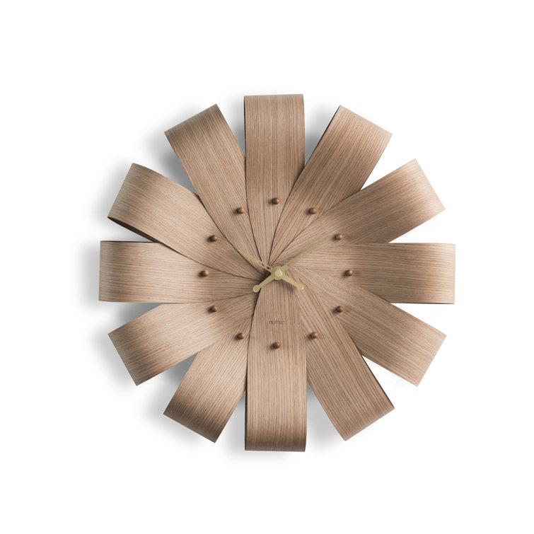 Elegant Oak and Brass Wall Clock with Bent Leaves Design