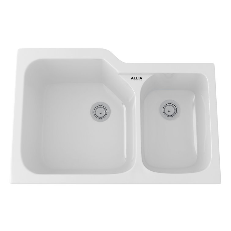 33-Inch White Fireclay Double Bowl Drop-In Kitchen Sink