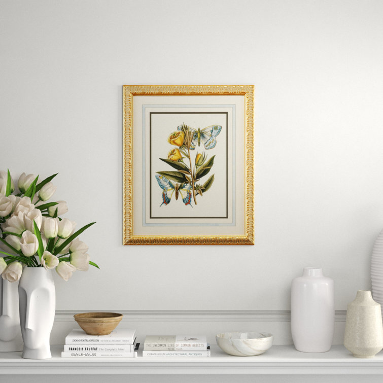 Gold Leaf Butterfly and Floral Art Print with French Mat