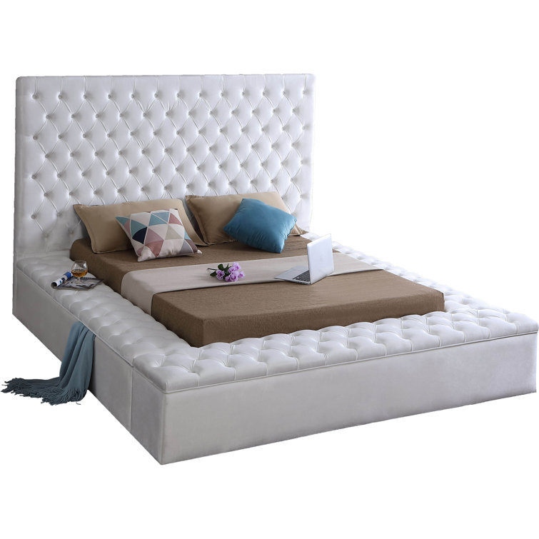 Bliss White Velvet Queen Upholstered Storage Bed with Tufted Headboard