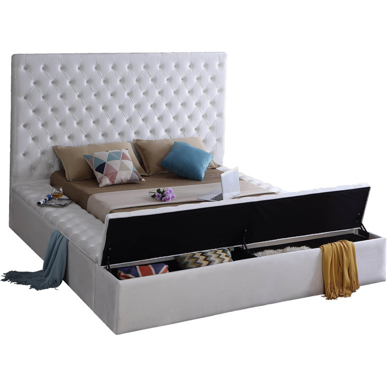 Bliss White Velvet Queen Upholstered Storage Bed with Tufted Headboard