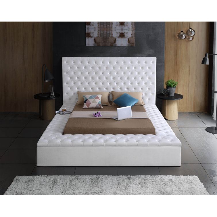 Bliss White Velvet Queen Upholstered Storage Bed with Tufted Headboard