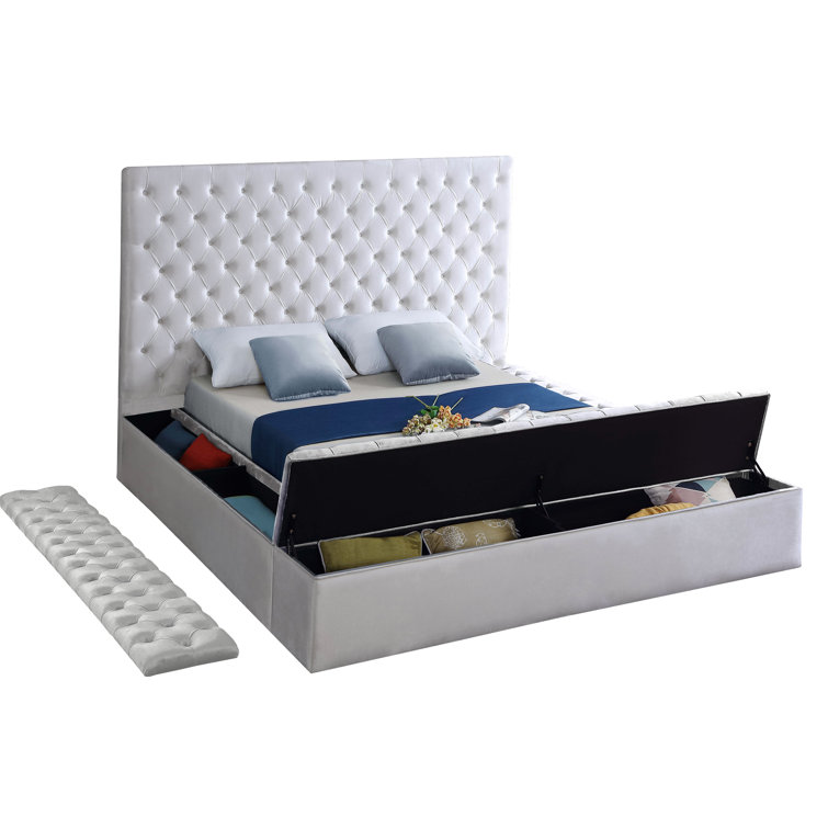 Bliss White Velvet Queen Upholstered Storage Bed with Tufted Headboard