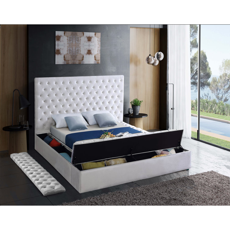 Bliss White Velvet Queen Upholstered Storage Bed with Tufted Headboard