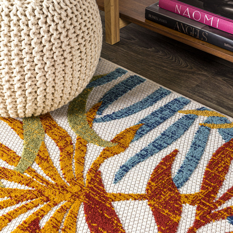 Cream and Orange Synthetic Flat Woven Square Area Rug