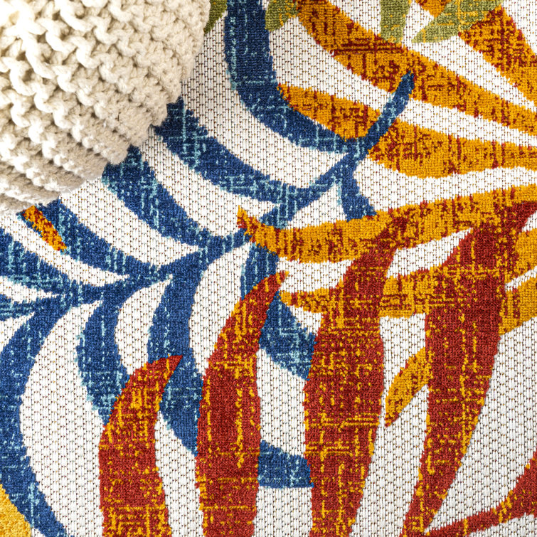 Cream and Orange Synthetic Flat Woven Square Area Rug