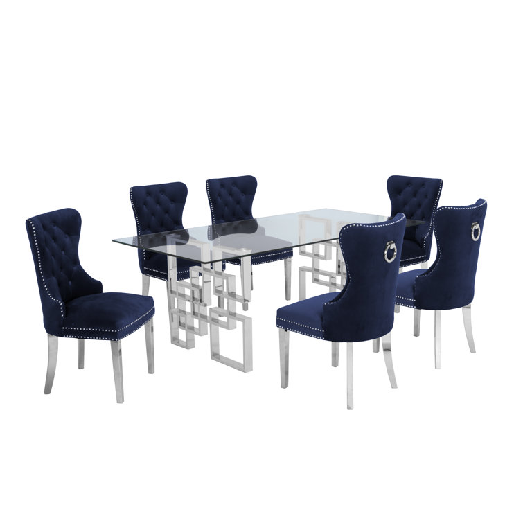 Navy Blue and Silver Glass Top Dining Set with 6 Chairs