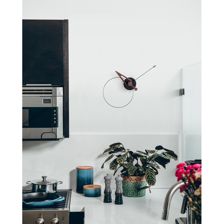 40cm Walnut Wood and Black Fiberglass Minimalist Wall Clock