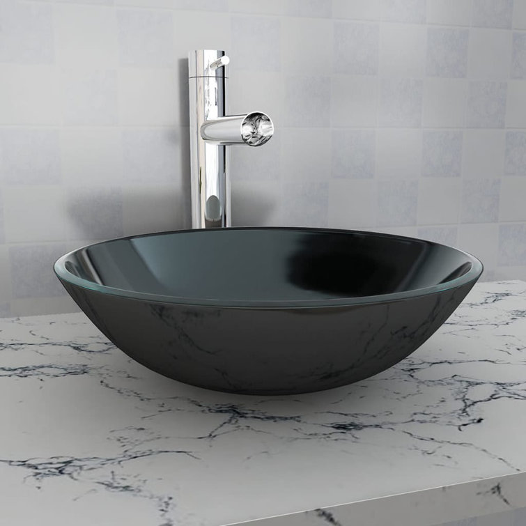Sleek Black Tempered Glass 16.5" Above-Counter Bathroom Basin