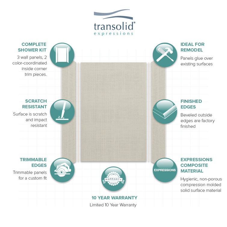 Cameo Beige Composite 3-Panel Shower Wall Kit, 36" x 48" x 72"