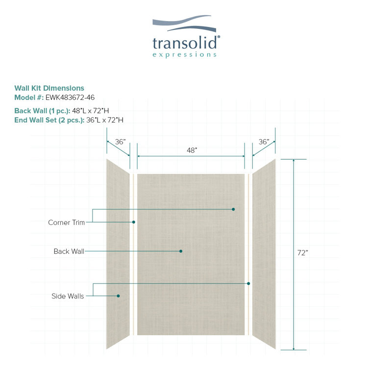 Cameo Beige Composite 3-Panel Shower Wall Kit, 36" x 48" x 72"
