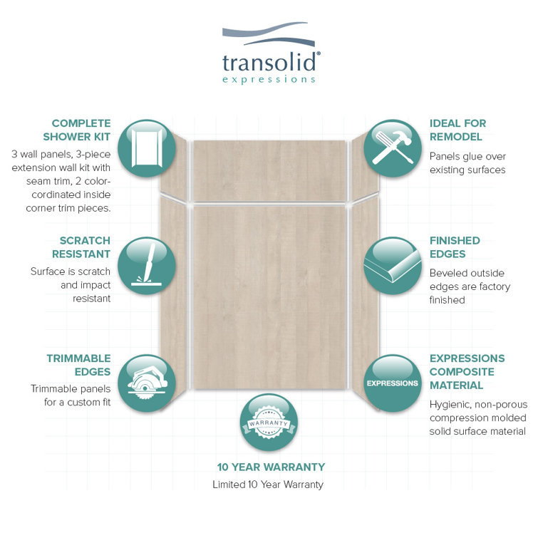 Bleached Oak 60'' x 36'' x 96'' Composite Solid Surface Shower Wall Kit