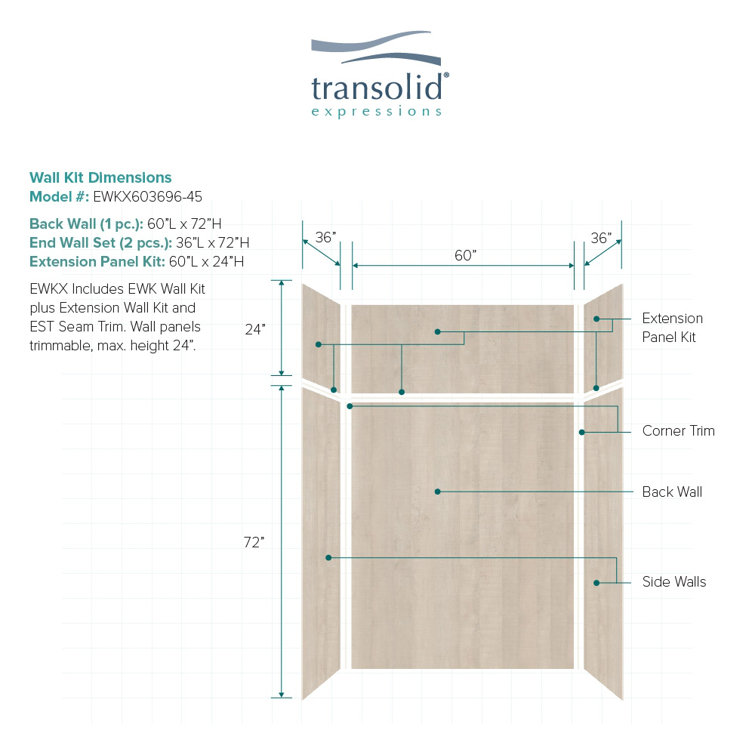 Bleached Oak 60'' x 36'' x 96'' Composite Solid Surface Shower Wall Kit