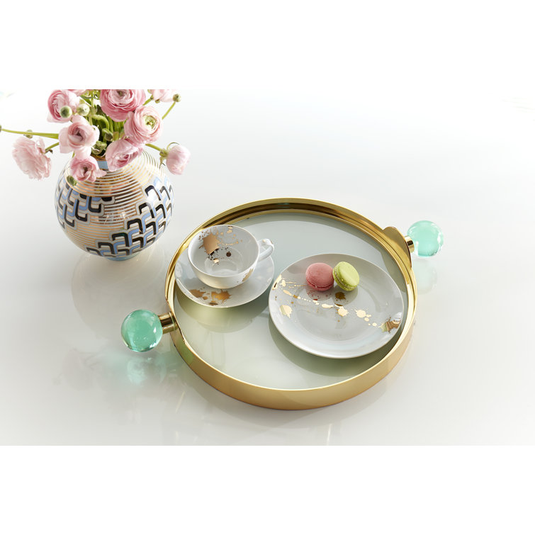 Round Glass and Brass Tray with Acrylic Handles