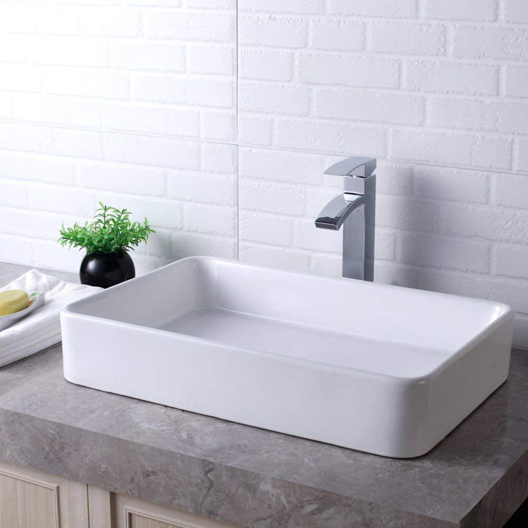 24" White Ceramic Rectangular Above-Counter Vessel Sink