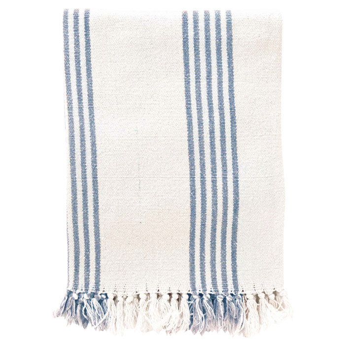 Hand Woven French Blue Cotton Throw with Knotted Fringe