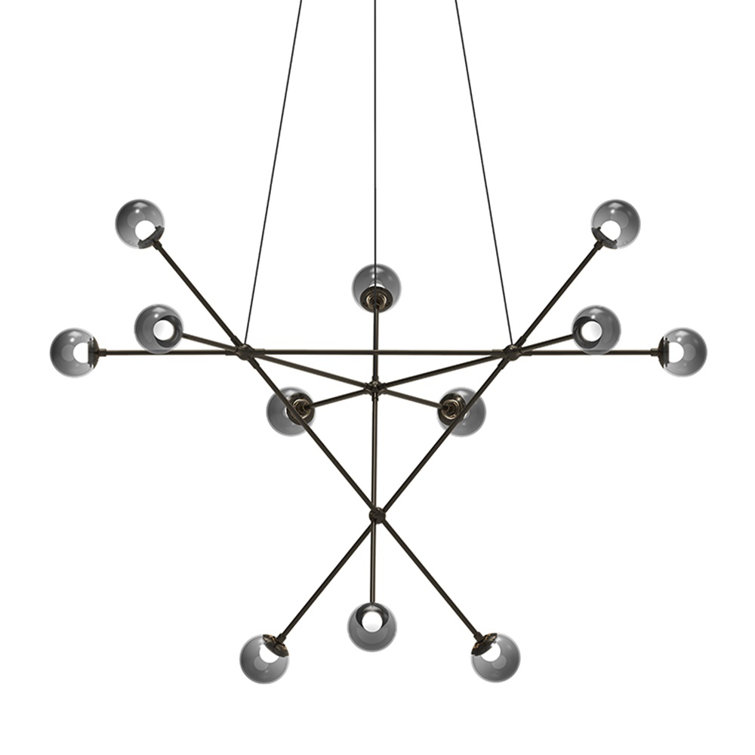 Proton 12-Light Polished Black Nickel LED Globe Chandelier with Smoke Glass Shades