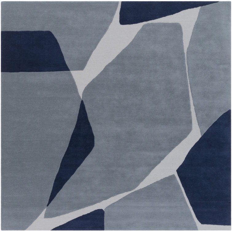Light Blue and Navy Abstract Handmade Wool Rug, 6' x 9'