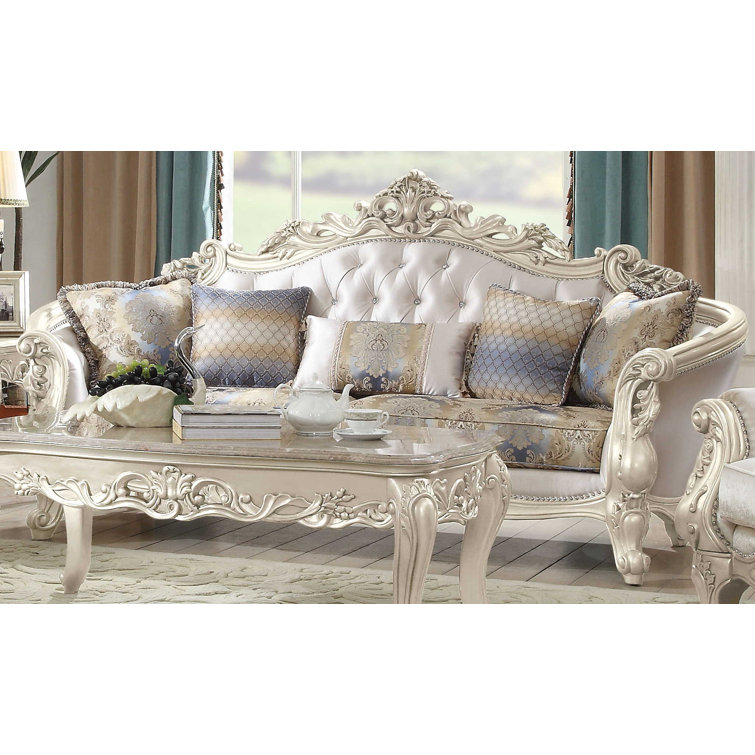 Elegant Antique White Floral Tufted Sofa with Nailhead Trim