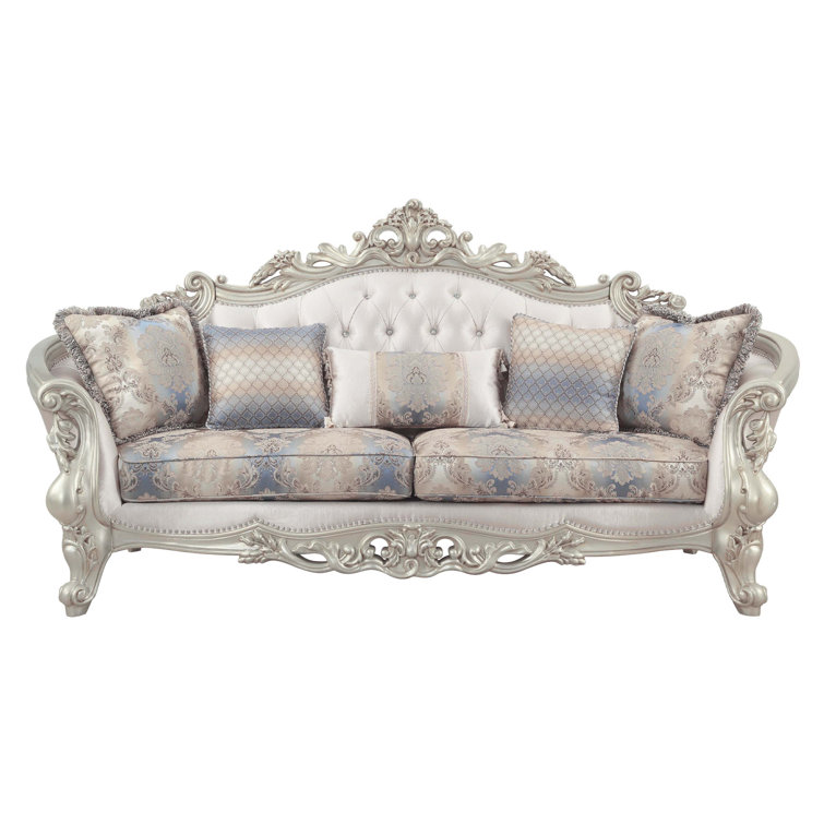 Elegant Antique White Floral Tufted Sofa with Nailhead Trim