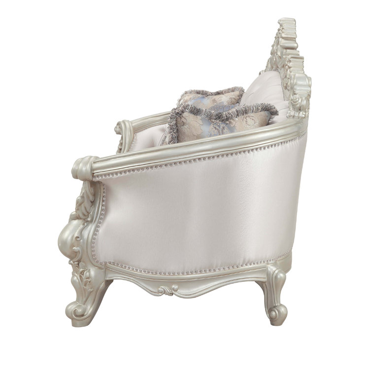 Elegant Antique White Floral Tufted Sofa with Nailhead Trim