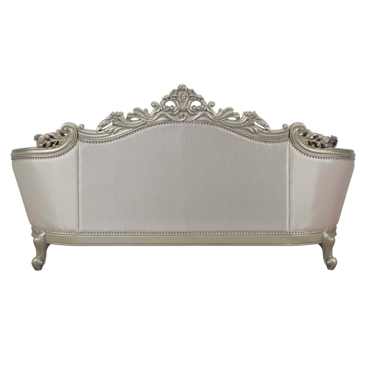Elegant Antique White Floral Tufted Sofa with Nailhead Trim