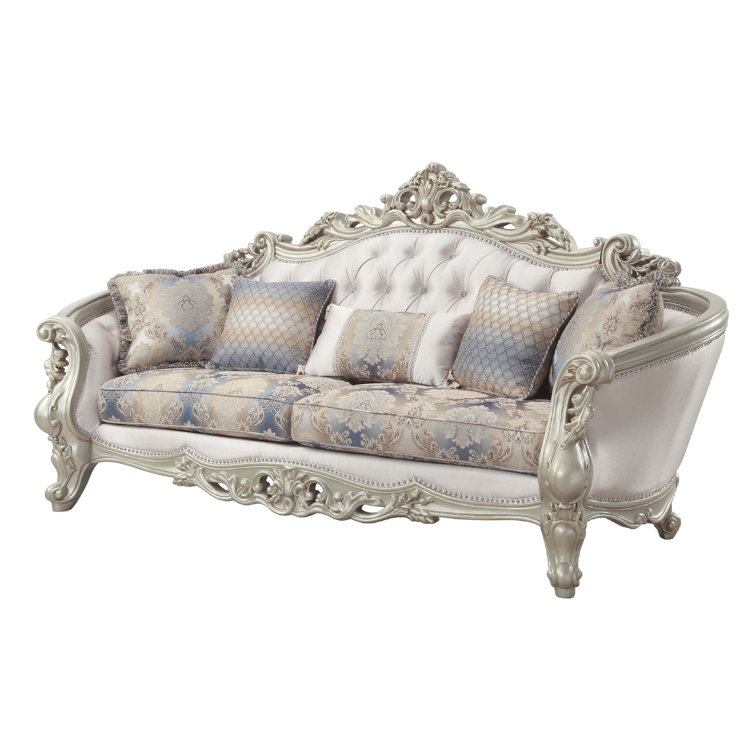 Elegant Antique White Floral Tufted Sofa with Nailhead Trim