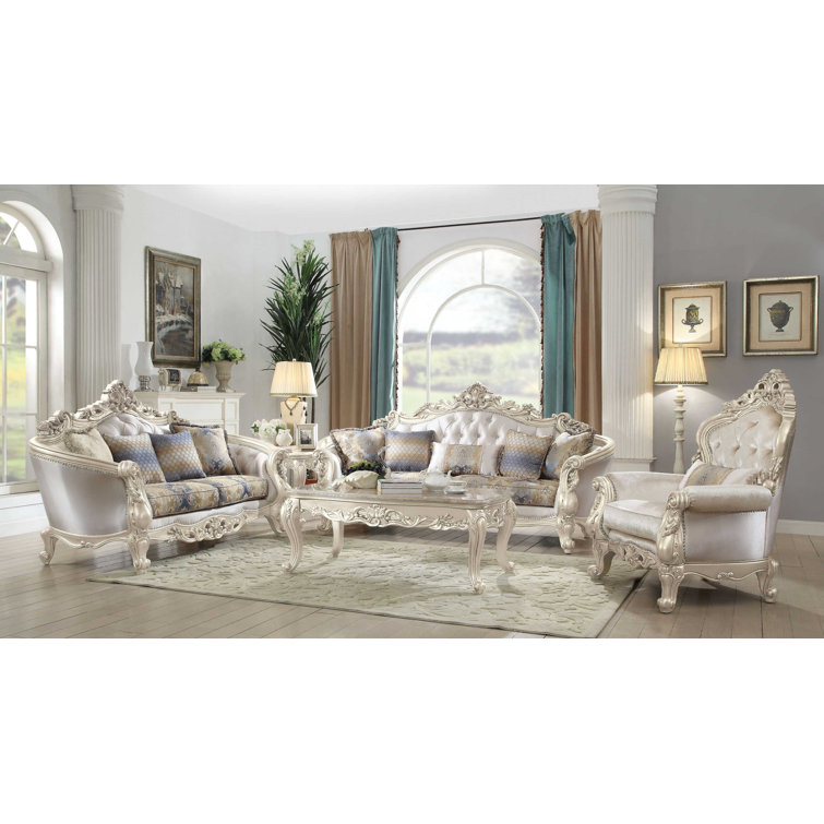 Elegant Antique White Floral Tufted Sofa with Nailhead Trim