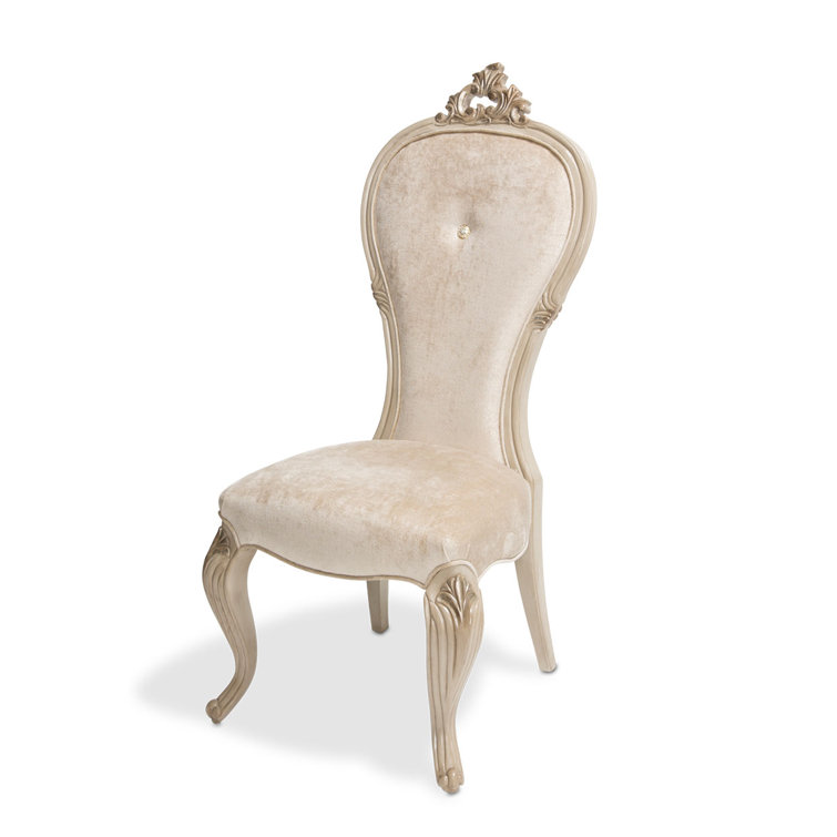 Champagne Velvet Upholstered Side Chair with Carved Wood Legs