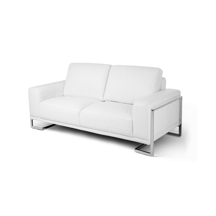 Contemporary White Leather 78'' Stationary Loveseat with Wood Accents