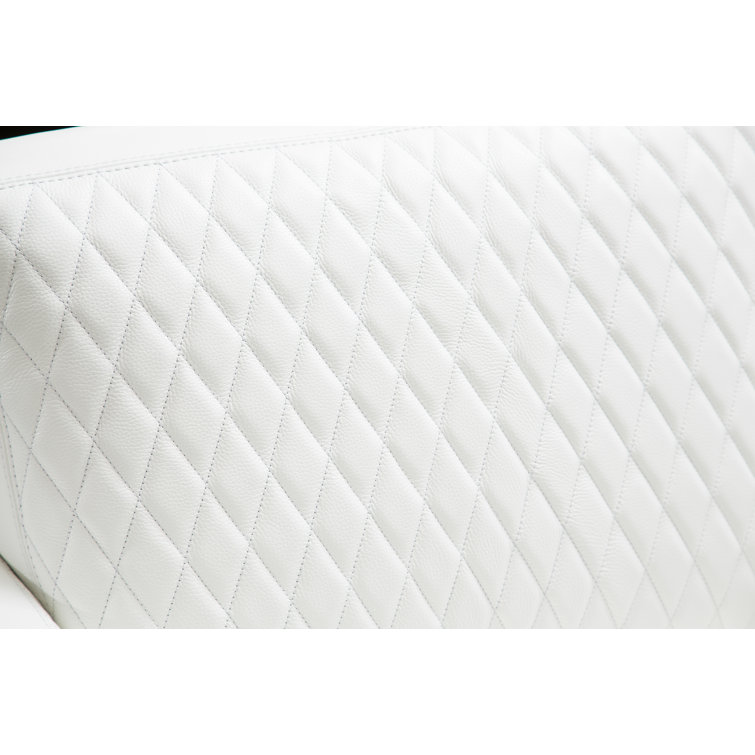 Contemporary White Leather 78'' Stationary Loveseat with Wood Accents