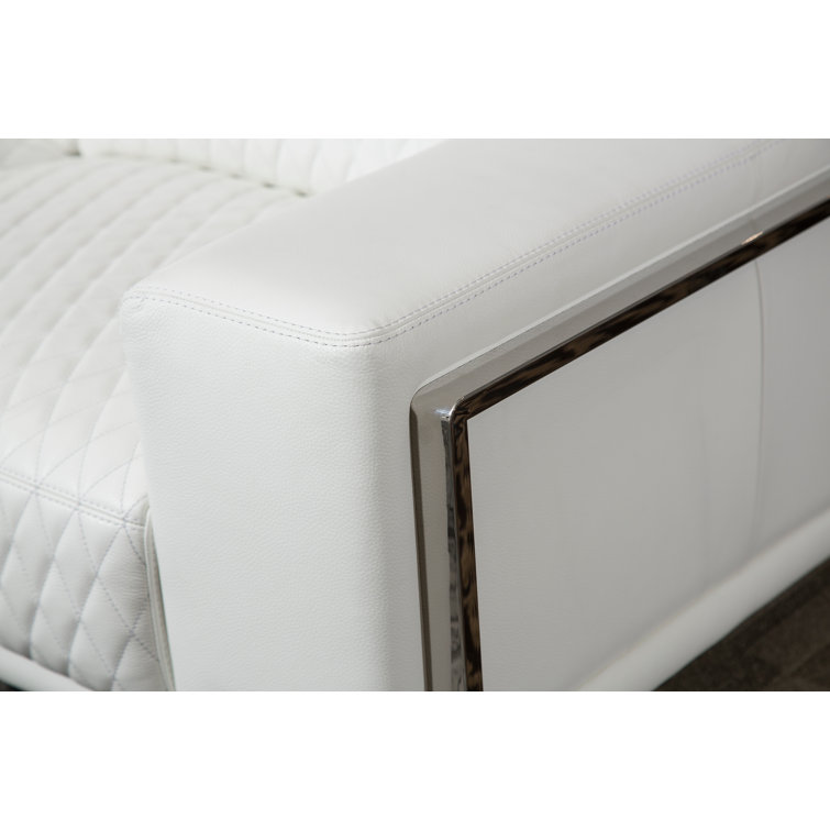 Contemporary White Leather 78'' Stationary Loveseat with Wood Accents